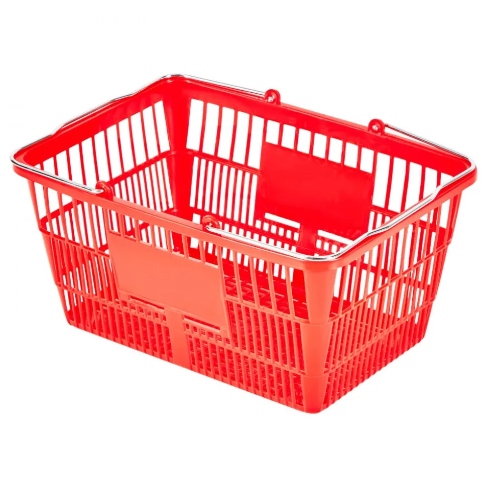 VEVOR Shopping Baskets, 12 PCS, 21L Stackable PE Plastic Grocery Baskets with Metal Handles, Dense Mesh Structure, Holds up to 20 lbs, Portable for Grocery, Retail, Stores, Supermarket, Home Use, Red