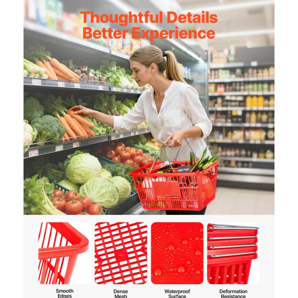 VEVOR Shopping Baskets, 12 PCS, 21L Stackable PE Plastic Grocery Baskets with Metal Handles, Dense Mesh Structure, Holds up to 20 lbs, Portable for Grocery, Retail, Stores, Supermarket, Home Use, Red
