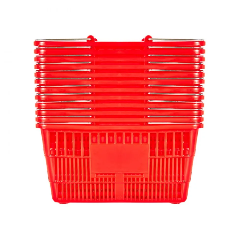 VEVOR Shopping Baskets, 12 PCS, 21L Stackable PE Plastic Grocery Baskets with Metal Handles, Dense Mesh Structure, Holds up to 20 lbs, Portable for Grocery, Retail, Stores, Supermarket, Home Use, Red