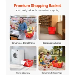 VEVOR Shopping Baskets, 12 PCS, 21L Stackable PE Plastic Grocery Baskets with Metal Handles, Dense Mesh Structure, Holds up to 20 lbs, Portable for Grocery, Retail, Stores, Supermarket, Home Use, Red
