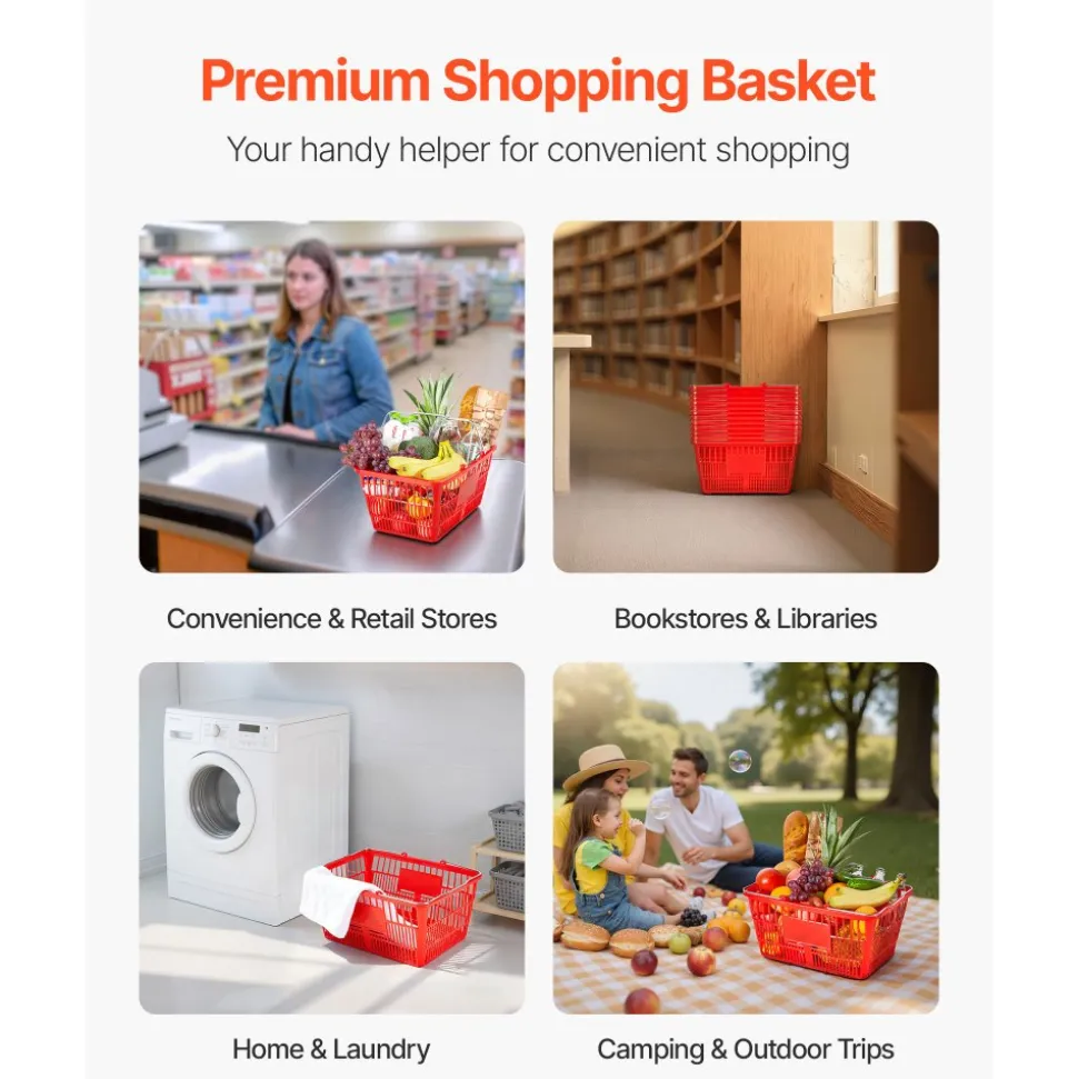VEVOR Shopping Baskets, 12 PCS, 21L Stackable PE Plastic Grocery Baskets with Metal Handles, Dense Mesh Structure, Holds up to 20 lbs, Portable for Grocery, Retail, Stores, Supermarket, Home Use, Red