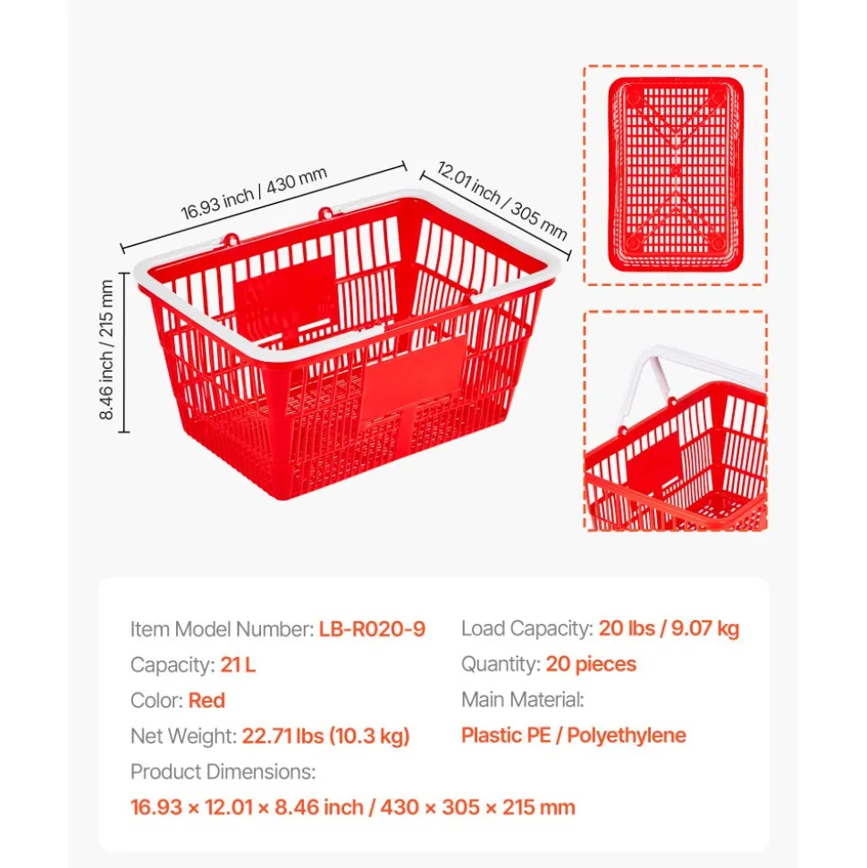 VEVOR Shopping Baskets, 12 PCS, 22L Stackable Metal Grocery Baskets with Handles, Dense Mesh Structure, Holds up to 44 lbs, Portable for Grocery, Retail, Stores, Supermarket, Bookstore, Home Use, Red