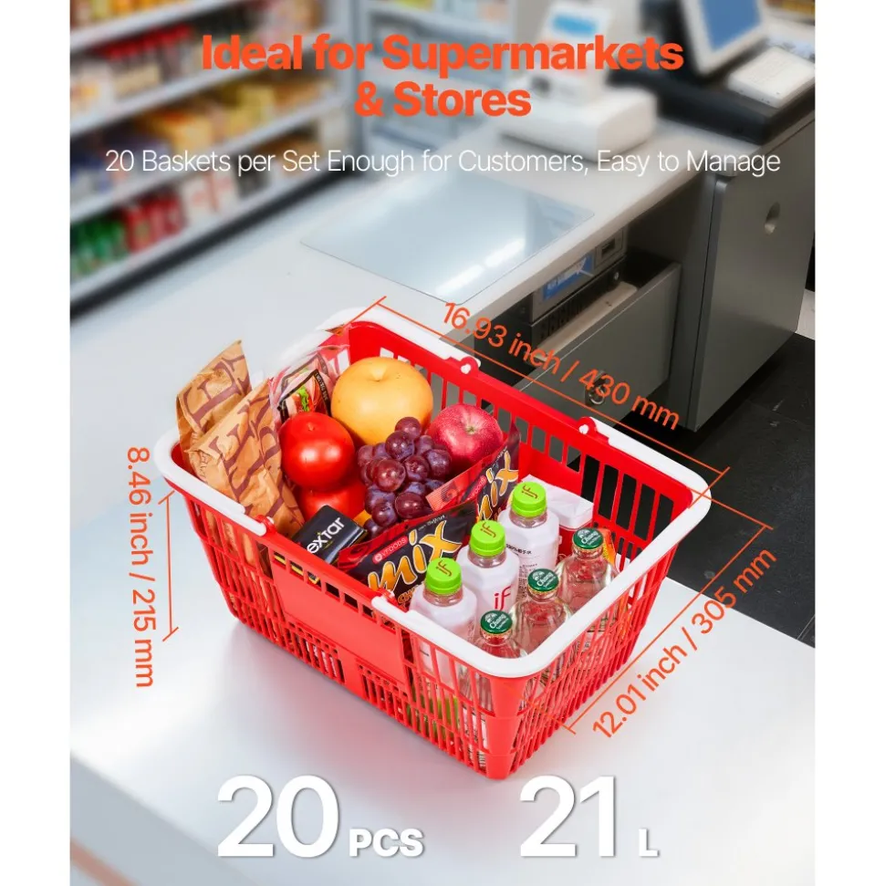 VEVOR Shopping Baskets, 12 PCS, 22L Stackable Metal Grocery Baskets with Handles, Dense Mesh Structure, Holds up to 44 lbs, Portable for Grocery, Retail, Stores, Supermarket, Bookstore, Home Use, Red