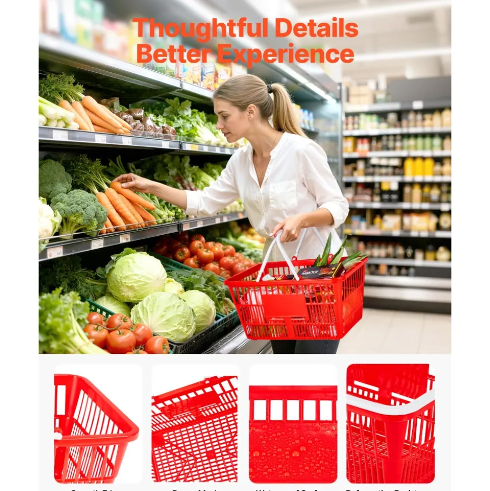 VEVOR Shopping Baskets, 12 PCS, 22L Stackable Metal Grocery Baskets with Handles, Dense Mesh Structure, Holds up to 44 lbs, Portable for Grocery, Retail, Stores, Supermarket, Bookstore, Home Use, Red