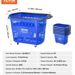 VEVOR Shopping Baskets, 12 PCS, 21L Stackable PE Plastic Grocery Baskets with Handles, Dense Mesh Structure, Holds up to 20 lbs, Portable for Grocery, Retail, Stores, Supermarket, Home Use, Red