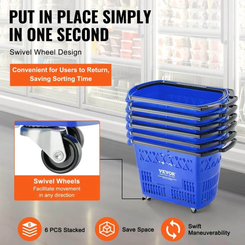 VEVOR Shopping Baskets, 12 PCS, 21L Stackable PE Plastic Grocery Baskets with Handles, Dense Mesh Structure, Holds up to 20 lbs, Portable for Grocery, Retail, Stores, Supermarket, Home Use, Red