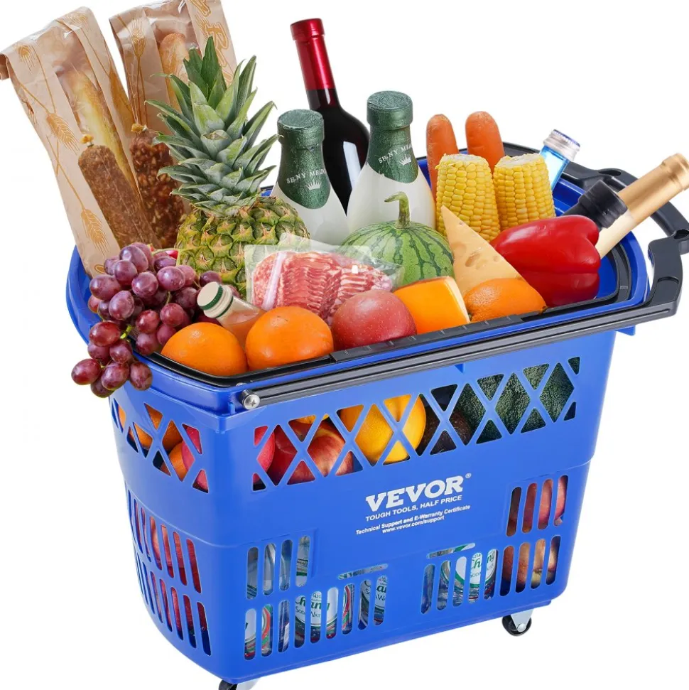 VEVOR Shopping Baskets, 12 PCS, 21L Stackable PE Plastic Grocery Baskets with Handles, Dense Mesh Structure, Holds up to 20 lbs, Portable for Grocery, Retail, Stores, Supermarket, Home Use, Red