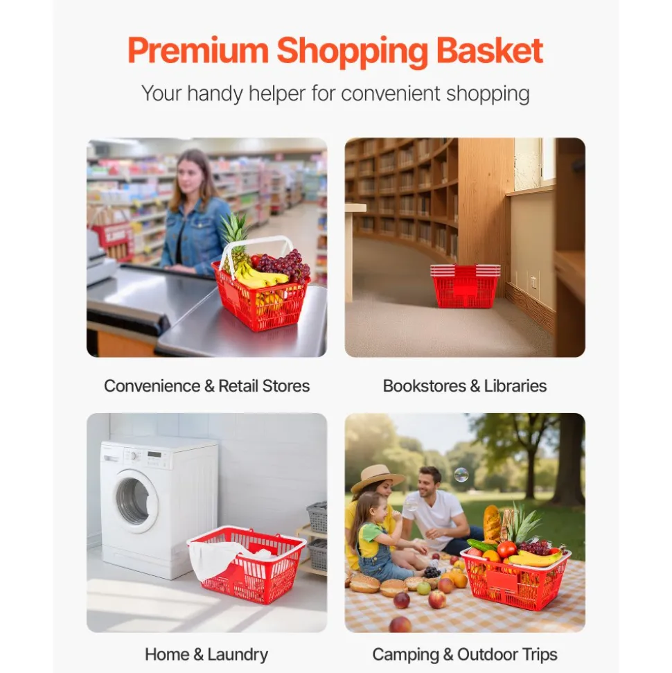 VEVOR Shopping Baskets, 4 PCS, 21L Stackable PE Plastic Grocery Baskets with Handles, Dense Mesh Structure, Holds up to 20 lbs, Portable for Grocery, Retail, Stores, Supermarket, Home Use, Red