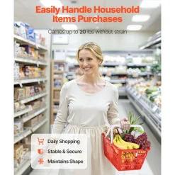 VEVOR Shopping Baskets, 4 PCS, 21L Stackable PE Plastic Grocery Baskets with Handles, Dense Mesh Structure, Holds up to 20 lbs, Portable for Grocery, Retail, Stores, Supermarket, Home Use, Red
