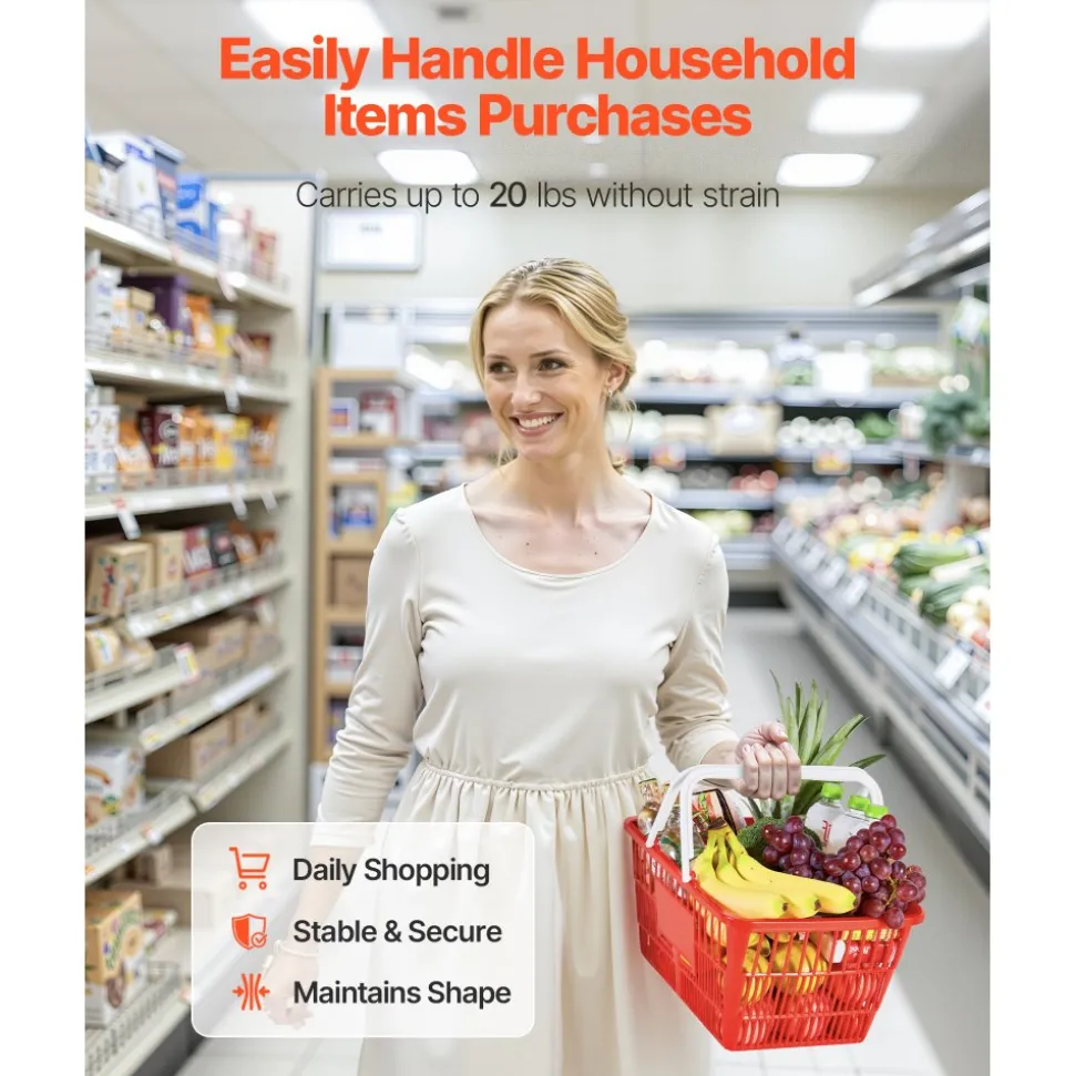 VEVOR Shopping Baskets, 4 PCS, 21L Stackable PE Plastic Grocery Baskets with Handles, Dense Mesh Structure, Holds up to 20 lbs, Portable for Grocery, Retail, Stores, Supermarket, Home Use, Red