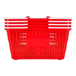 VEVOR Shopping Baskets, 4 PCS, 21L Stackable PE Plastic Grocery Baskets with Handles, Dense Mesh Structure, Holds up to 20 lbs, Portable for Grocery, Retail, Stores, Supermarket, Home Use, Red