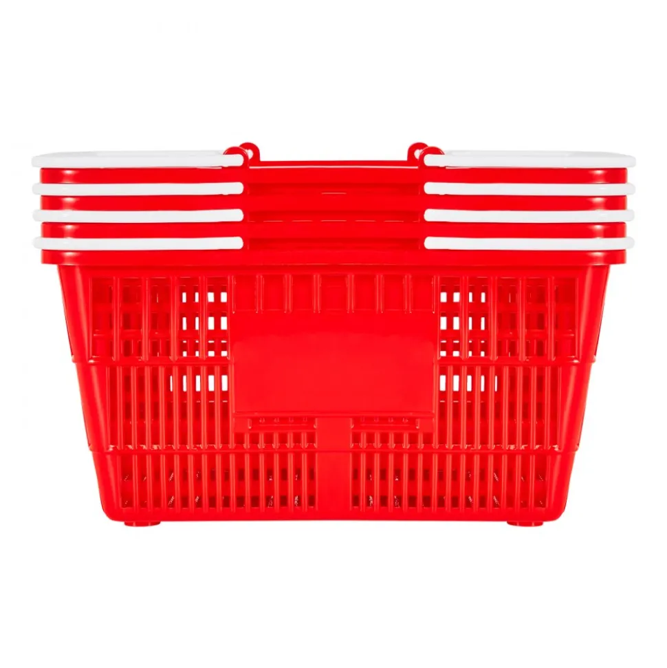 VEVOR Shopping Baskets, 4 PCS, 21L Stackable PE Plastic Grocery Baskets with Handles, Dense Mesh Structure, Holds up to 20 lbs, Portable for Grocery, Retail, Stores, Supermarket, Home Use, Red