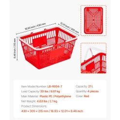 VEVOR Shopping Baskets, 4 PCS, 21L Stackable PE Plastic Grocery Baskets with Handles, Dense Mesh Structure, Holds up to 20 lbs, Portable for Grocery, Retail, Stores, Supermarket, Home Use, Red