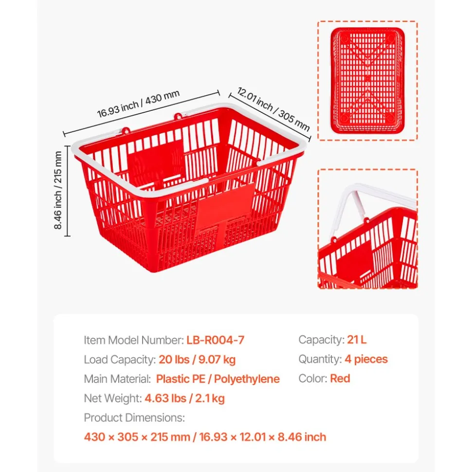 VEVOR Shopping Baskets, 4 PCS, 21L Stackable PE Plastic Grocery Baskets with Handles, Dense Mesh Structure, Holds up to 20 lbs, Portable for Grocery, Retail, Stores, Supermarket, Home Use, Red