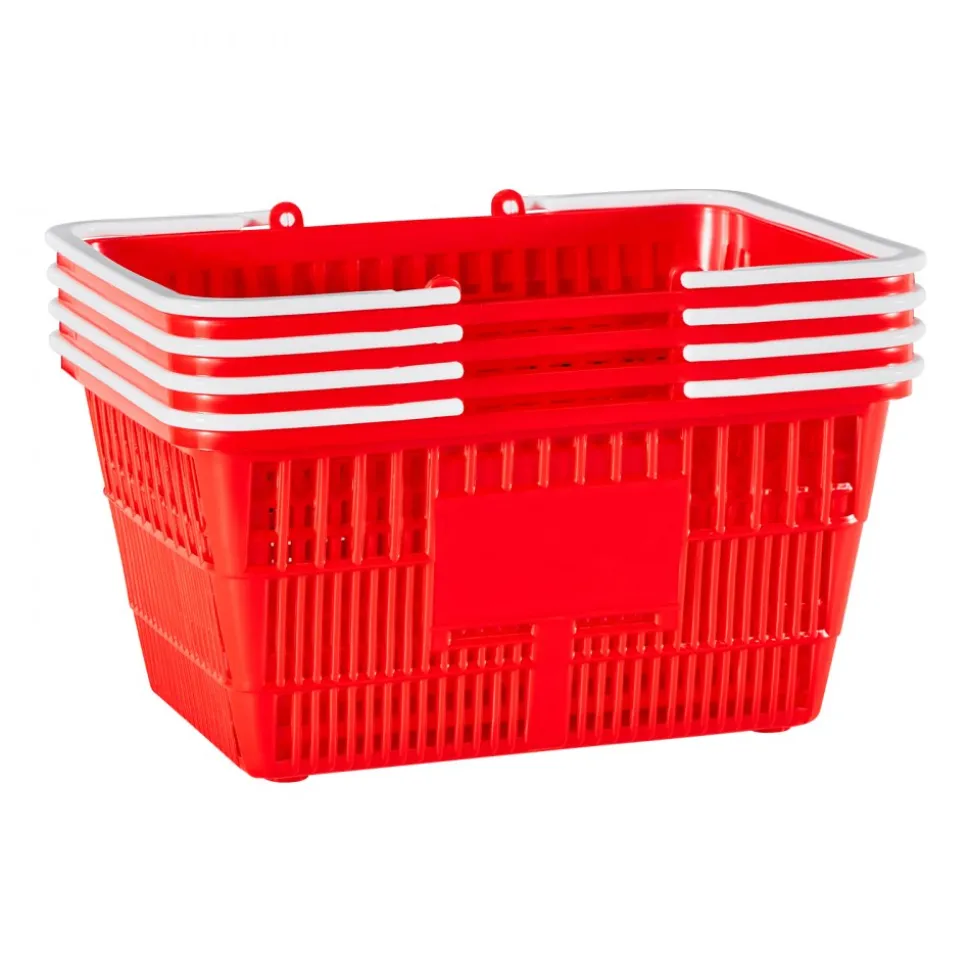 VEVOR Shopping Baskets, 4 PCS, 21L Stackable PE Plastic Grocery Baskets with Handles, Dense Mesh Structure, Holds up to 20 lbs, Portable for Grocery, Retail, Stores, Supermarket, Home Use, Red