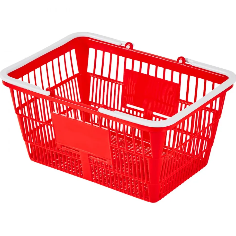 VEVOR Shopping Baskets, 4 PCS, 21L Stackable PE Plastic Grocery Baskets with Handles, Dense Mesh Structure, Holds up to 20 lbs, Portable for Grocery, Retail, Stores, Supermarket, Home Use, Red