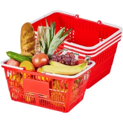 VEVOR Shopping Baskets, 4 PCS, 21L Stackable PE Plastic Grocery Baskets with Handles, Dense Mesh Structure, Holds up to 20 lbs, Portable for Grocery, Retail, Stores, Supermarket, Home Use, Red