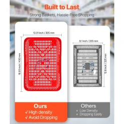 VEVOR Shopping Baskets, 4 PCS, 21L Stackable PE Plastic Grocery Baskets with Handles, Dense Mesh Structure, Holds up to 20 lbs, Portable for Grocery, Retail, Stores, Supermarket, Home Use, Red