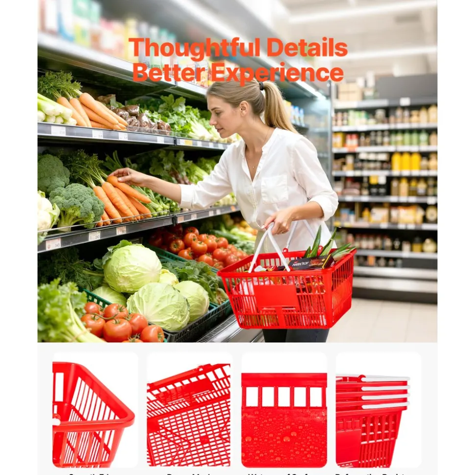 VEVOR Shopping Baskets, 4 PCS, 21L Stackable PE Plastic Grocery Baskets with Handles, Dense Mesh Structure, Holds up to 20 lbs, Portable for Grocery, Retail, Stores, Supermarket, Home Use, Red