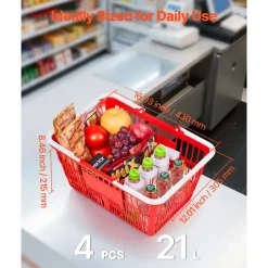VEVOR Shopping Baskets, 4 PCS, 21L Stackable PE Plastic Grocery Baskets with Handles, Dense Mesh Structure, Holds up to 20 lbs, Portable for Grocery, Retail, Stores, Supermarket, Home Use, Red