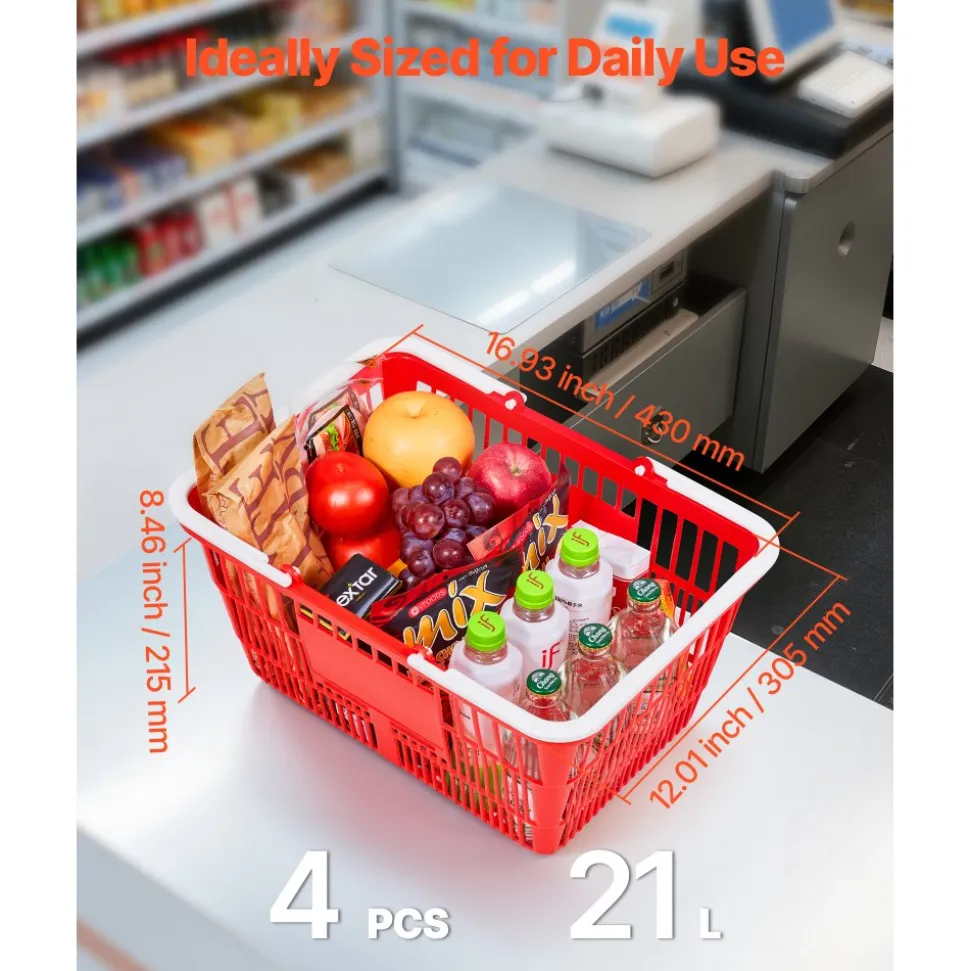 VEVOR Shopping Baskets, 4 PCS, 21L Stackable PE Plastic Grocery Baskets with Handles, Dense Mesh Structure, Holds up to 20 lbs, Portable for Grocery, Retail, Stores, Supermarket, Home Use, Red