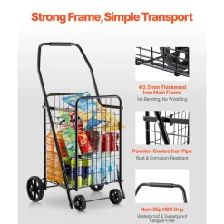 VEVOR Shopping Cart, Folding Grocery Utility Cart with Swivel Wheels, 90 LBS Large Load Capacity, Heavy Duty Rolling Laundry Basket Butler for Laundry, Shopping, Camping, Grocery, Luggage, Black