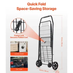 VEVOR Shopping Cart, Folding Grocery Utility Cart with Swivel Wheels, 90 LBS Large Load Capacity, Heavy Duty Rolling Laundry Basket Butler for Laundry, Shopping, Camping, Grocery, Luggage, Black