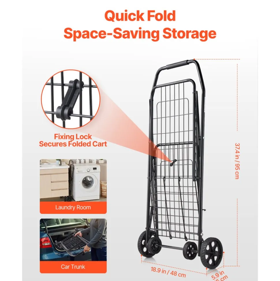 VEVOR Shopping Cart, Folding Grocery Utility Cart with Swivel Wheels, 90 LBS Large Load Capacity, Heavy Duty Rolling Laundry Basket Butler for Laundry, Shopping, Camping, Grocery, Luggage, Black