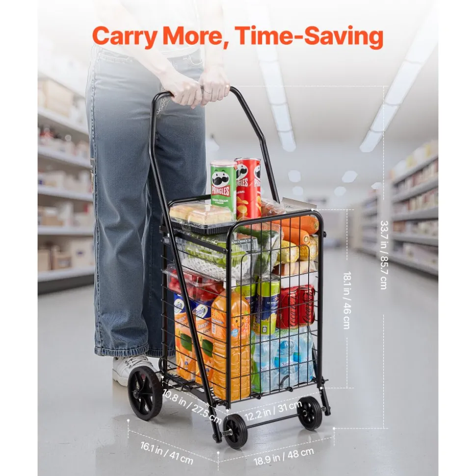 VEVOR Shopping Cart, Folding Grocery Utility Cart with Swivel Wheels, 90 LBS Large Load Capacity, Heavy Duty Rolling Laundry Basket Butler for Laundry, Shopping, Camping, Grocery, Luggage, Black