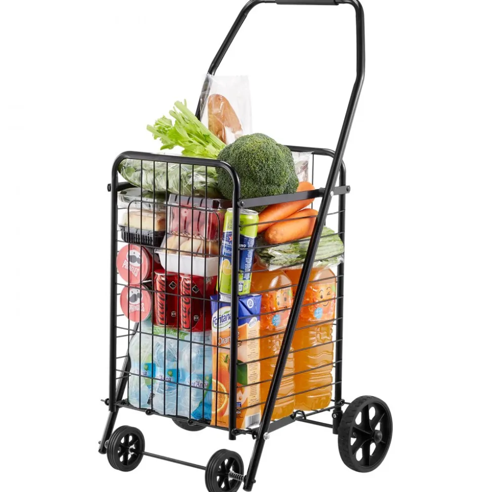 VEVOR Shopping Cart, Folding Grocery Utility Cart with Swivel Wheels, 90 LBS Large Load Capacity, Heavy Duty Rolling Laundry Basket Butler for Laundry, Shopping, Camping, Grocery, Luggage, Black