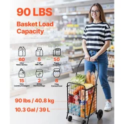 VEVOR Shopping Cart, Folding Grocery Utility Cart with Swivel Wheels, 90 LBS Large Load Capacity, Heavy Duty Rolling Laundry Basket Butler for Laundry, Shopping, Camping, Grocery, Luggage, Black