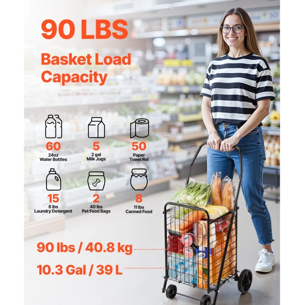 VEVOR Shopping Cart, Folding Grocery Utility Cart with Swivel Wheels, 90 LBS Large Load Capacity, Heavy Duty Rolling Laundry Basket Butler for Laundry, Shopping, Camping, Grocery, Luggage, Black