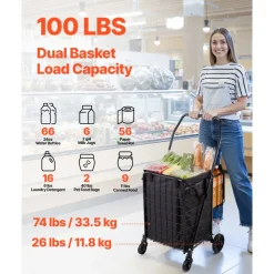 VEVOR Shopping Cart, Folding Grocery Utility Cart with Dual Baskets, Waterproof Liner & Wheels, 100 LBS Large Load Capacity, Heavy Duty Laundry Basket for Laundry, Shopping, Camping, Grocery, Luggage