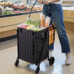 VEVOR Shopping Cart, Folding Grocery Utility Cart with Dual Baskets, Waterproof Liner & Wheels, 100 LBS Large Load Capacity, Heavy Duty Laundry Basket for Laundry, Shopping, Camping, Grocery, Luggage