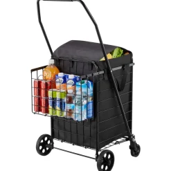 VEVOR Shopping Cart, Folding Grocery Utility Cart with Dual Baskets, Waterproof Liner & Wheels, 100 LBS Large Load Capacity, Heavy Duty Laundry Basket for Laundry, Shopping, Camping, Grocery, Luggage