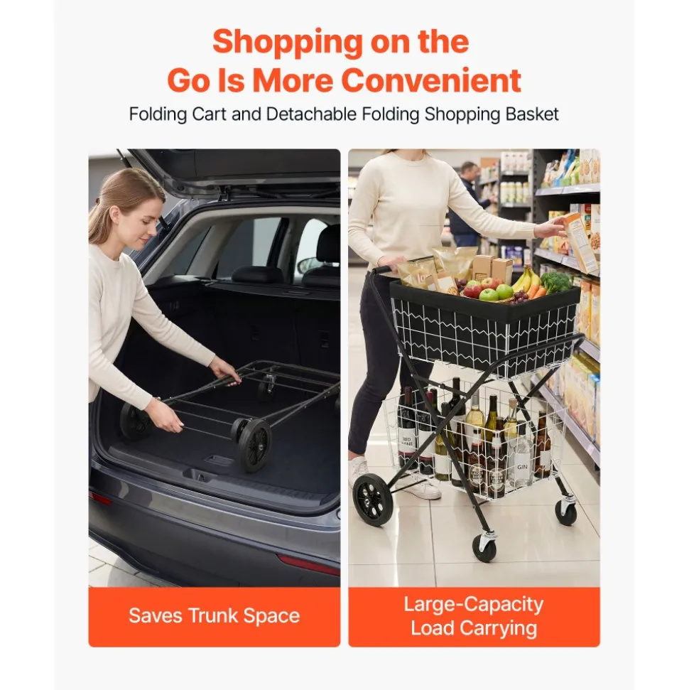 VEVOR Shopping Cart 2-Tier with Wheels Foldable for Grocery 88lbs Capacity, Heavy Duty Utility Cart with 2 Detachable Storage Baskets, 360° Rolling Swivel Wheels, for Groceries, Warehouse, Supermarket