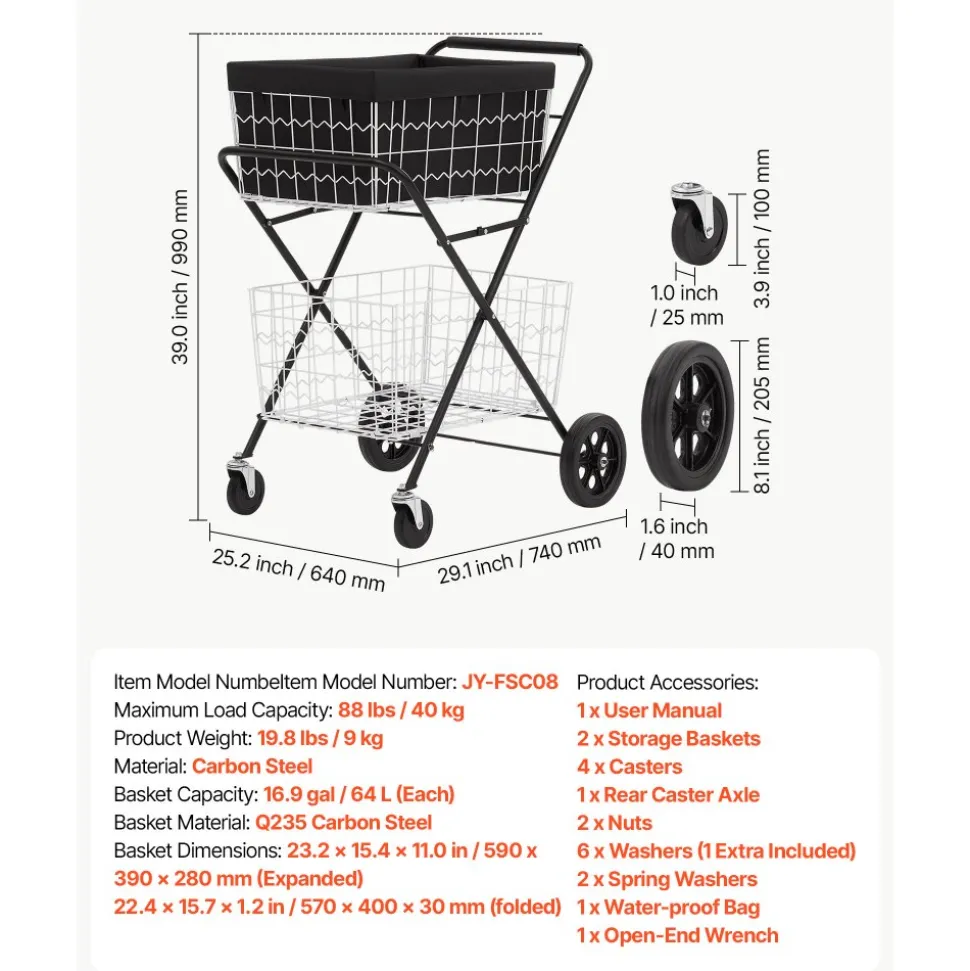 VEVOR Shopping Cart 2-Tier with Wheels Foldable for Grocery 88lbs Capacity, Heavy Duty Utility Cart with 2 Detachable Storage Baskets, 360° Rolling Swivel Wheels, for Groceries, Warehouse, Supermarket