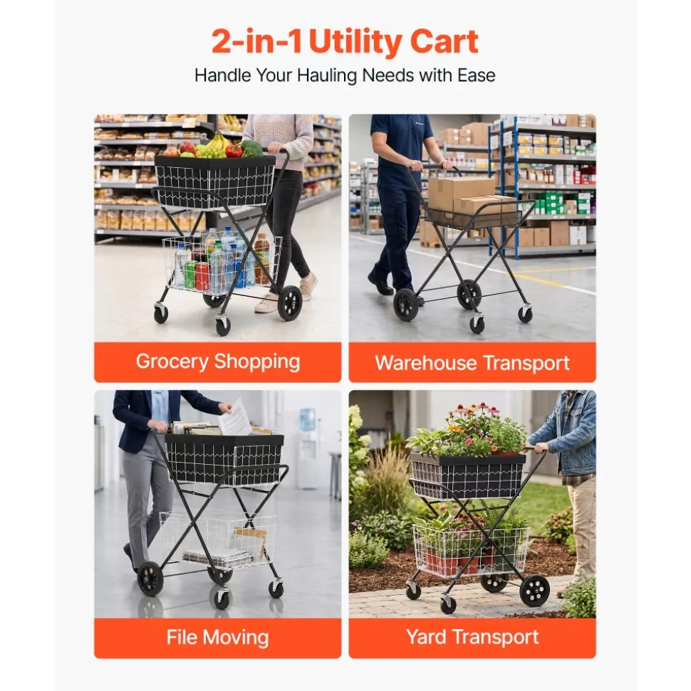 VEVOR Shopping Cart 2-Tier with Wheels Foldable for Grocery 88lbs Capacity, Heavy Duty Utility Cart with 2 Detachable Storage Baskets, 360° Rolling Swivel Wheels, for Groceries, Warehouse, Supermarket