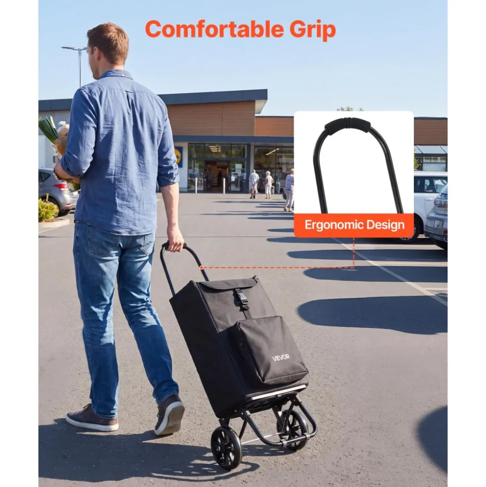 VEVOR Shopping Cart with Wheels Foldable Trolley Dolly for Groceries Black, 2-in-1 Rolling Utility Cart with Detachable Bag, Soft Foam Handle, Storage Compartments, Compact for Market Laundry Camping