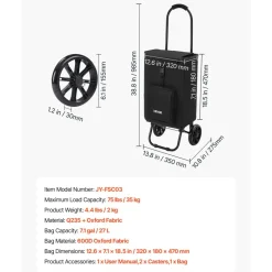 VEVOR Shopping Cart with Wheels Foldable Trolley Dolly for Groceries Black, 2-in-1 Rolling Utility Cart with Detachable Bag, Soft Foam Handle, Storage Compartments, Compact for Market Laundry Camping