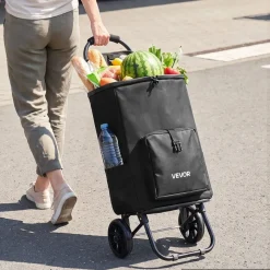 VEVOR Shopping Cart with Wheels Foldable Trolley Dolly for Groceries Black, 2-in-1 Rolling Utility Cart with Detachable Bag, Soft Foam Handle, Storage Compartments, Compact for Market Laundry Camping