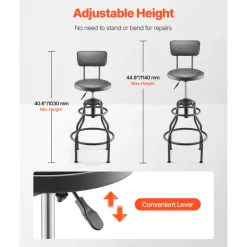 VEVOR Shop Stool with Backrest, Pneumatic Garage Seat/Work Stool with 300 lbs Capacity, Adjustable Height Roller Creeper Seat, 360° Swivel Padded Workshop Stool, for Garage, Shop & Auto Repair, Black