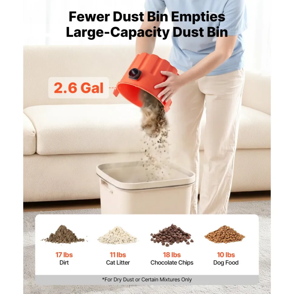 VEVOR Shop Vac, 2.6 Gallon Dry Shop Vacuum, 2.5 Peak HP Portable with 800W Input Power, Various Nozzles, 1.25in Diameter x 4ft Hose, 9.2ft Cord for Home, Garage, Jobsite, Workshop, Black Orange