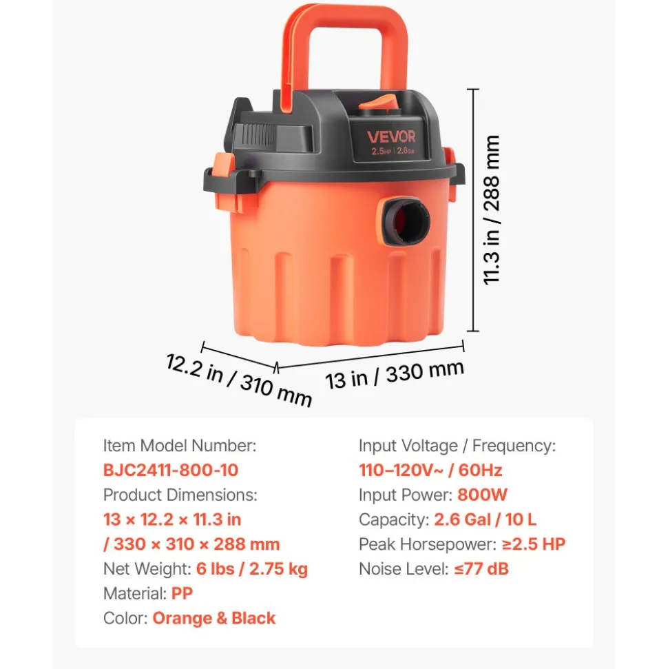 VEVOR Shop Vac, 2.6 Gallon Dry Shop Vacuum, 2.5 Peak HP Portable with 800W Input Power, Various Nozzles, 1.25in Diameter x 4ft Hose, 9.2ft Cord for Home, Garage, Jobsite, Workshop, Black Orange