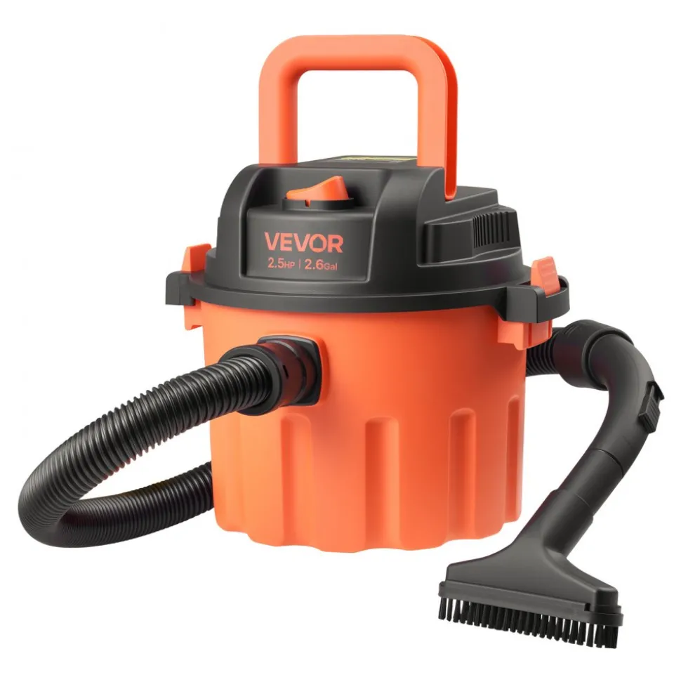 VEVOR Shop Vac, 2.6 Gallon Dry Shop Vacuum, 2.5 Peak HP Portable with 800W Input Power, Various Nozzles, 1.25in Diameter x 4ft Hose, 9.2ft Cord for Home, Garage, Jobsite, Workshop, Black Orange