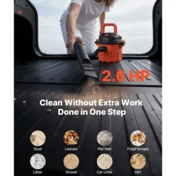 VEVOR Shop Vac, 2.6 Gallon Dry Shop Vacuum, 2.5 Peak HP Portable with 800W Input Power, Various Nozzles, 1.25in Diameter x 4ft Hose, 9.2ft Cord for Home, Garage, Jobsite, Workshop, Black Orange