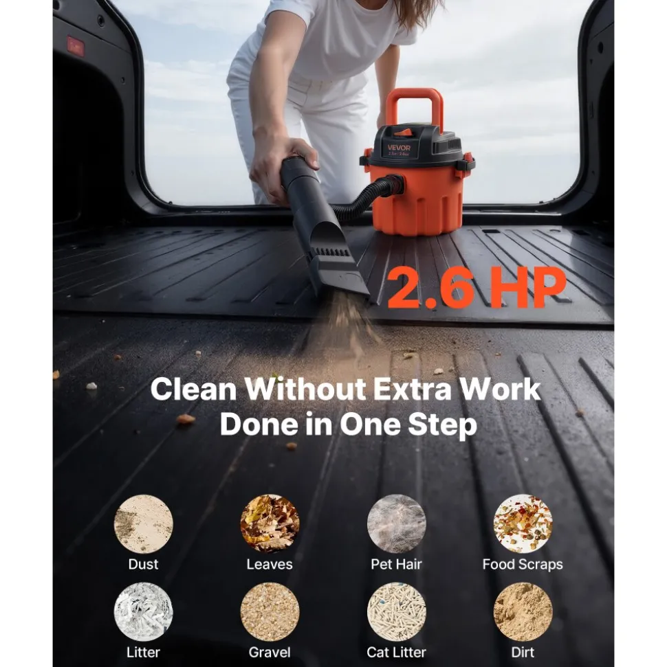 VEVOR Shop Vac, 2.6 Gallon Dry Shop Vacuum, 2.5 Peak HP Portable with 800W Input Power, Various Nozzles, 1.25in Diameter x 4ft Hose, 9.2ft Cord for Home, Garage, Jobsite, Workshop, Black Orange