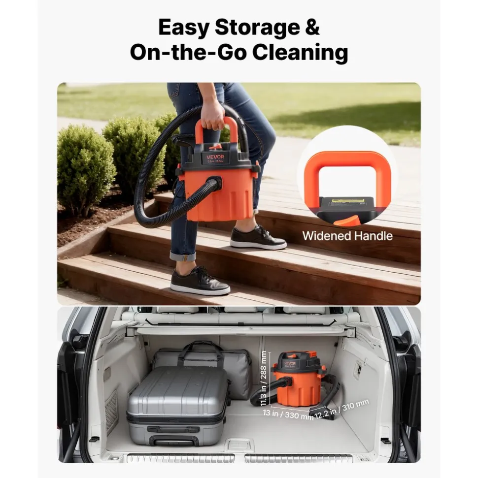 VEVOR Shop Vac, 2.6 Gallon Dry Shop Vacuum, 2.5 Peak HP Portable with 800W Input Power, Various Nozzles, 1.25in Diameter x 4ft Hose, 9.2ft Cord for Home, Garage, Jobsite, Workshop, Black Orange