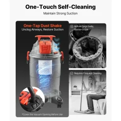 VEVOR Shop Vac, 8 Gallon Wet Dry Shop Vacuum, 4.5 Peak HP Portable with One-Button Self-Cleaning, Dual-Filter, 900W Input Power, 1.25in x 7ft Hose, 9.8ft Cord for Jobsite, Workshop, Garage, Home