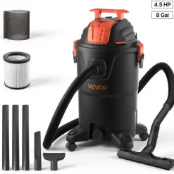 VEVOR Shop Vac, 8 Gallon Wet Dry Shop Vacuum, 4.5 Peak HP Portable with One-Button Self-Cleaning, Dual-Filter, 900W Input Power, 1.25in x 7ft Hose, 9.8ft Cord for Jobsite, Workshop, Garage, Home